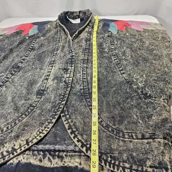 Diamonds Leather Acid Wash Embellished Denim Jean Jacket 1980s USA Size Medium - Picture 14 of 15